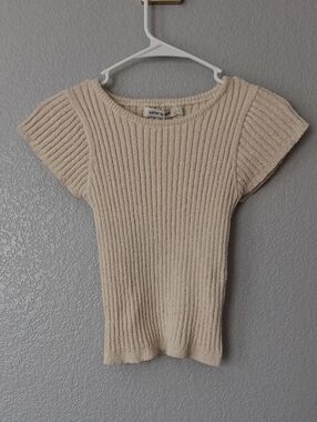 Cream Ribbed Short-Sleeve Sweater Top